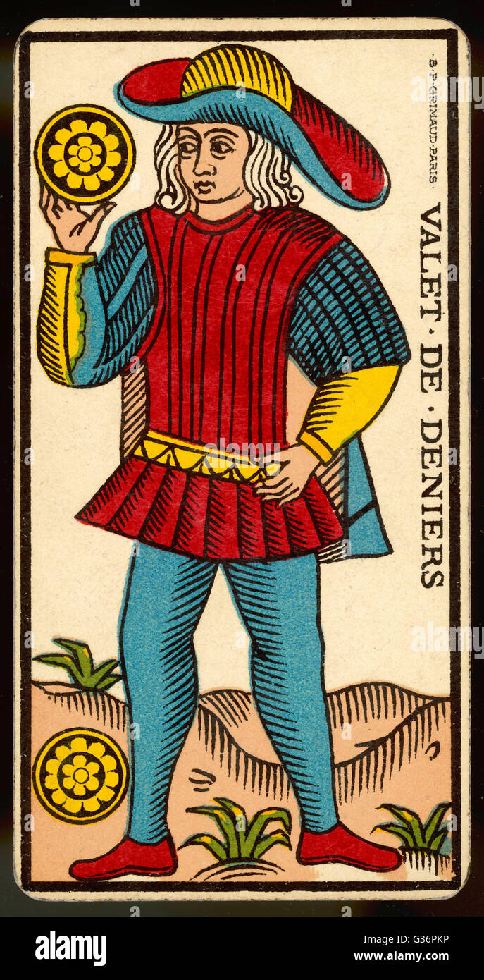 TarotKarte Valet de Deniers (Seite der Münzen Stockfotografie Alamy