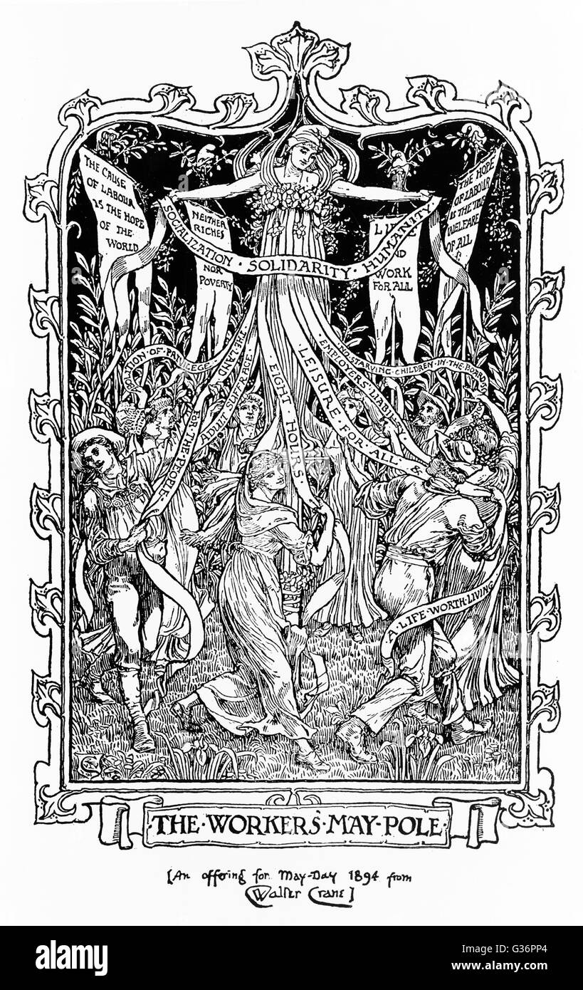Die Arbeiter Mai-Pole, einen Entwurf für eine sozialistische Plakat mit einer zentralen allegorische Figur und Banner und Bändern gekennzeichnet mit abstrakten Ideen wie Freizeit, Solidarität und Menschlichkeit.      Datum: 1894 Stockfoto