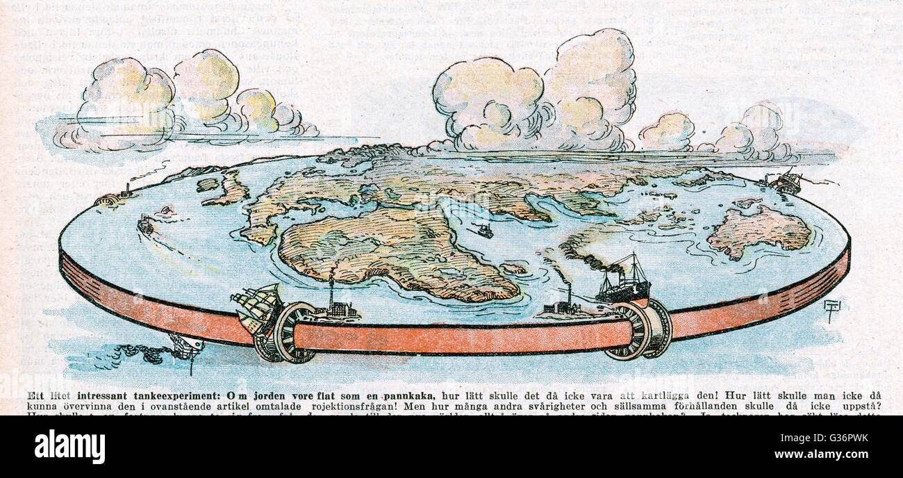 Darstellung einer flachen Erde mit neugierige kleine Räder für die Schiffe zu gehen ohne herunterzufallen (hoffentlich) in den Weltraum.  Großbritannien und Europa sind deutlich sichtbar, wie Afrika, Indien und Australien.       Datum: 1922 Stockfoto