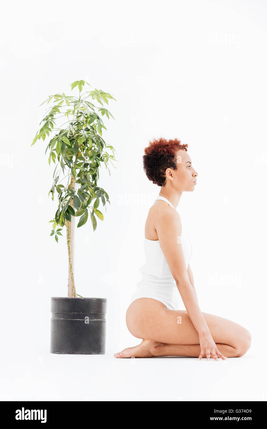 Profil von befriedeten afroamerikanischen jungen Frau in der Nähe kleiner Baum im Topf auf weißem Hintergrund Stockfoto