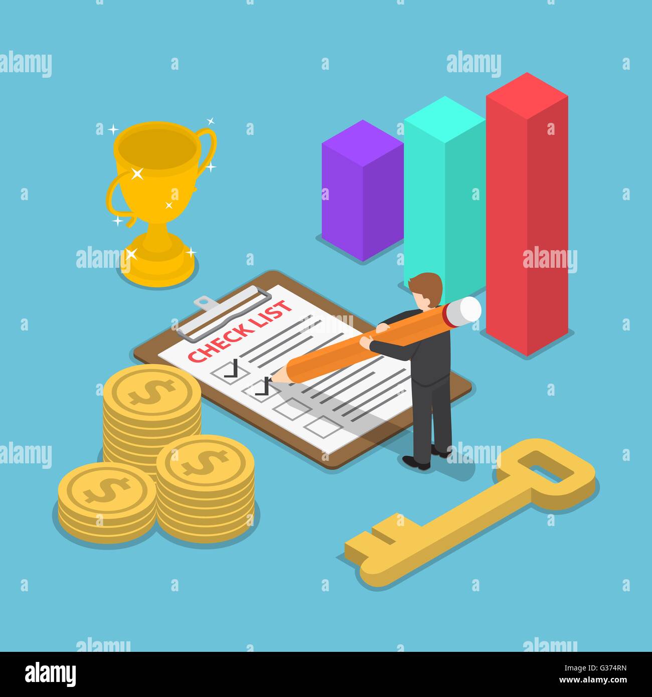 Isometrische Geschäftsmann Überprüfung Markierung auf Checkliste mit Wachstum Diagramm, Gewinnerin Trophy, Schlüssel zum Erfolg und Dollar Münze Stock Vektor