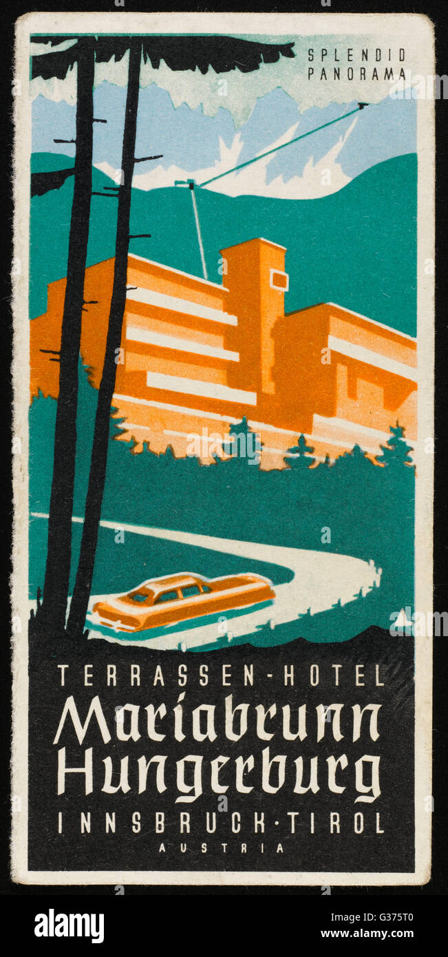 Art-Deco-Label Fron TERRASSEN HOTEL, MARIABRUNN Hungerberg, Innsbruck, Österreich.       Datum: 20. Jahrhundert Stockfoto