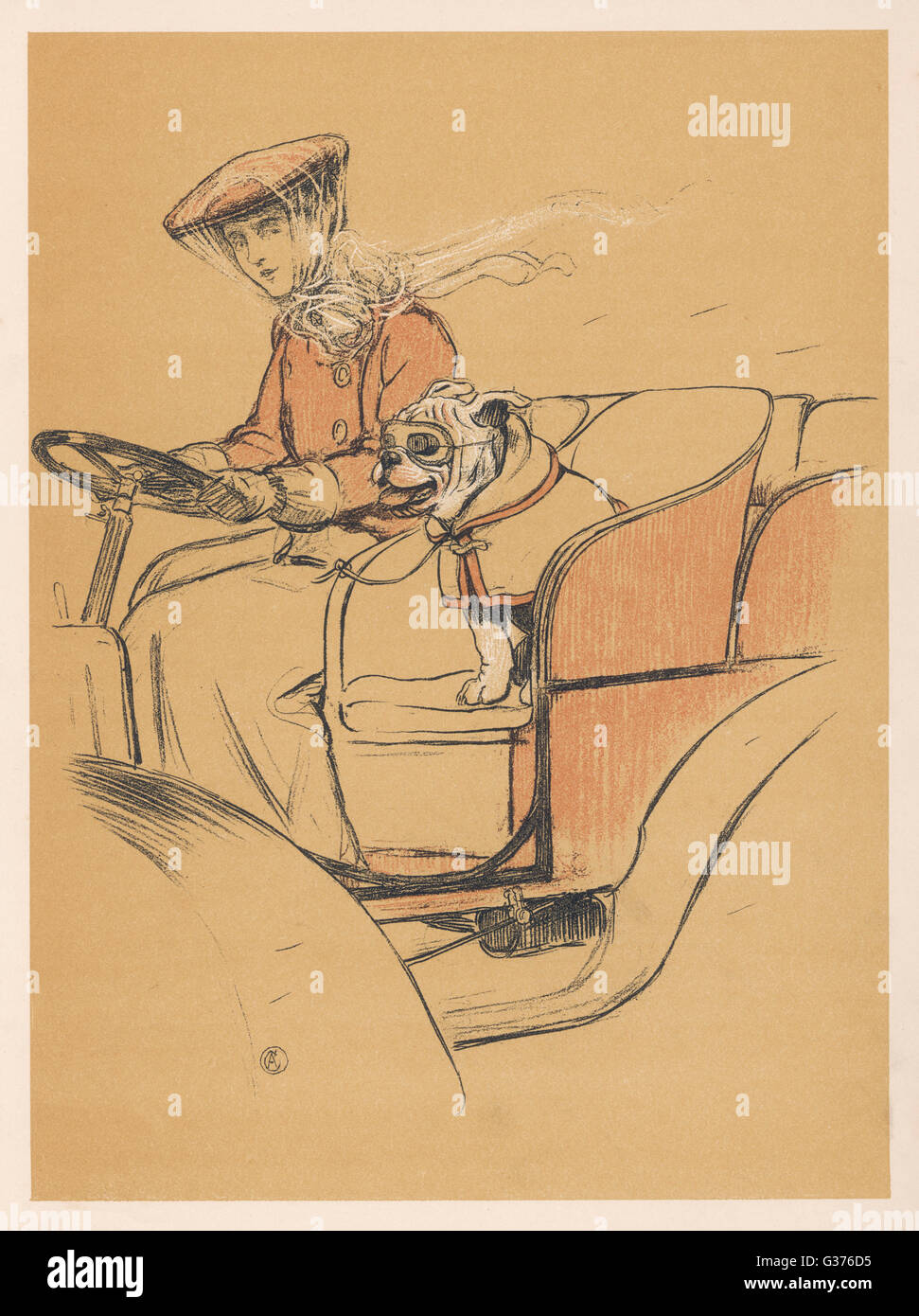 Frau und Bulldogge im offenen Auto Stockfoto