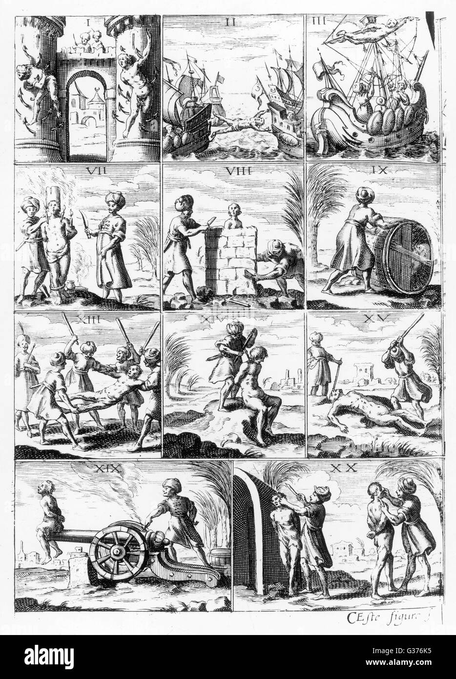 Beispiele für Methoden der Barbary Piraten, um ihre christlichen Gefangenen zu foltern. Stockfoto