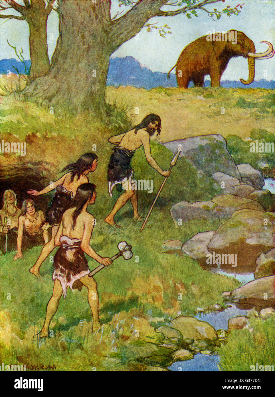 Frühen prähistorischen Briten darauf vorbereiten, eine wollige Mammut jagen.     Datum: prähistorische Stockfoto