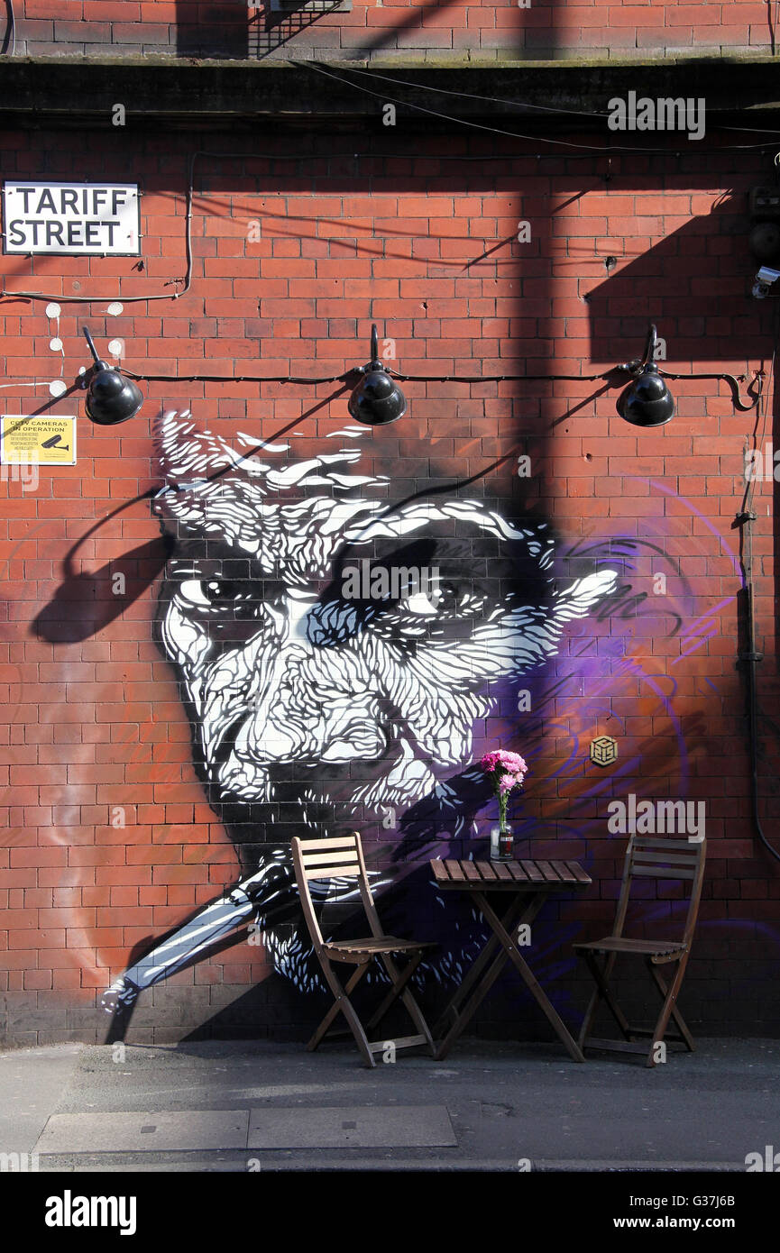 Kunst im öffentlichen Raum auf Tarif-Straße im nördlichen Viertel von Manchester durch C215 im Rahmen des Übereinkommens der Städte der Hoffnung Stockfoto