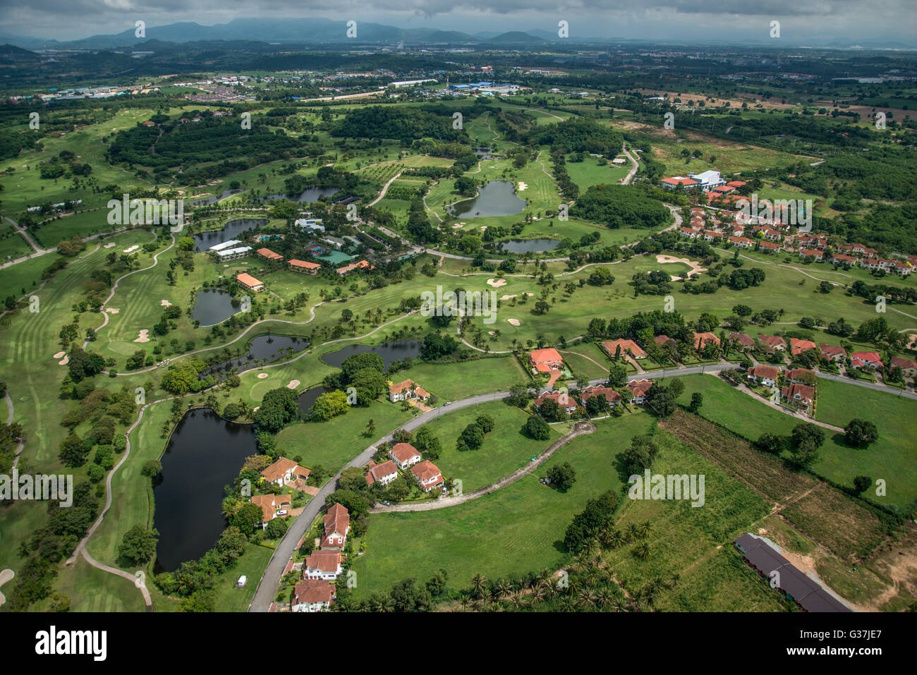 Golfplatz Luftaufnahmen, Golfclub Fotografie aus der Luft, Golfplatz Luftaufnahmen in Thailand Stockfoto