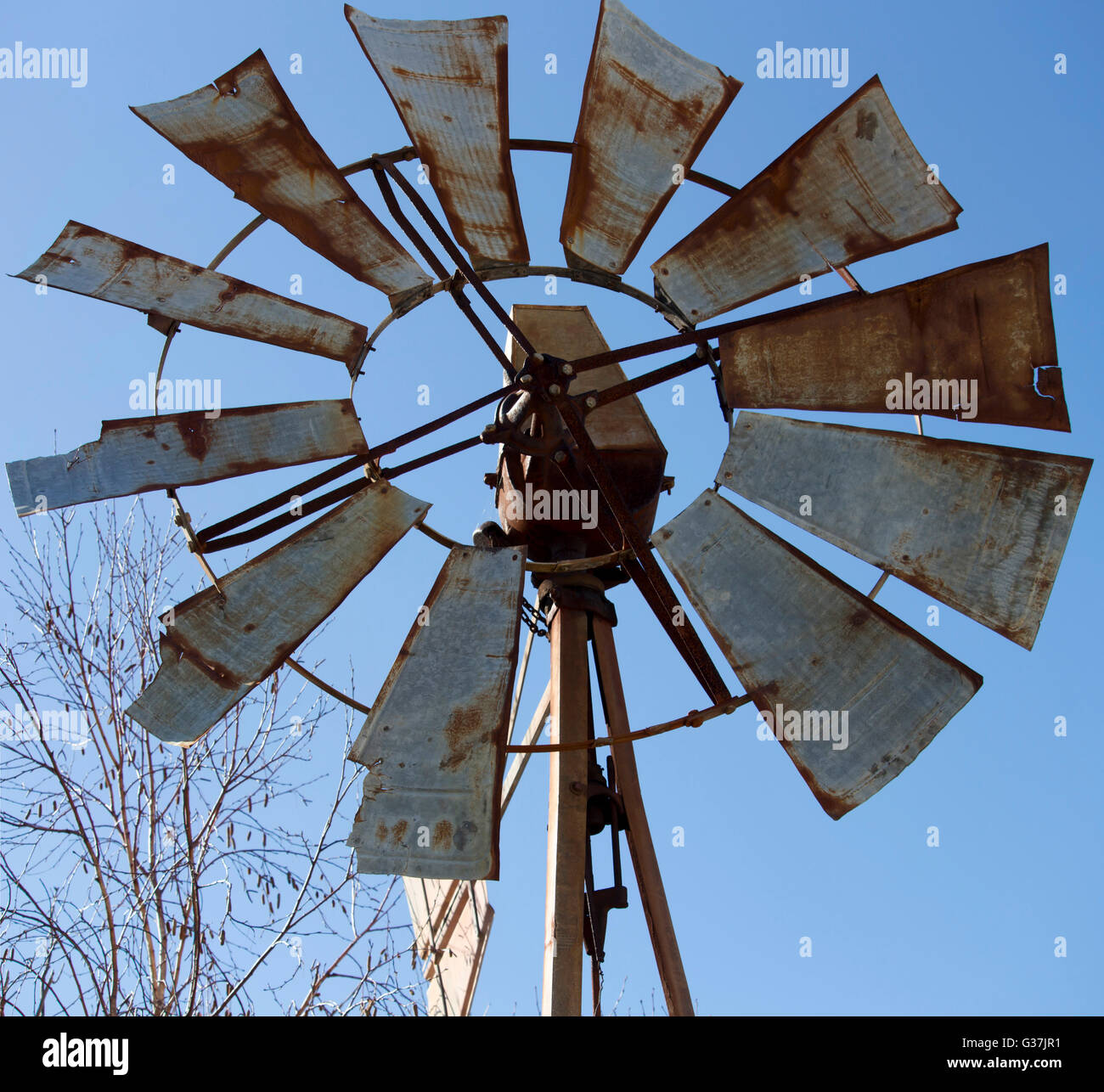 Korrodierte Metallklingen einer Windmühle gegen den blauen Himmel der australischen im Frühwinter ist eine Erinnerung an Pioniere Wasserholen. Stockfoto