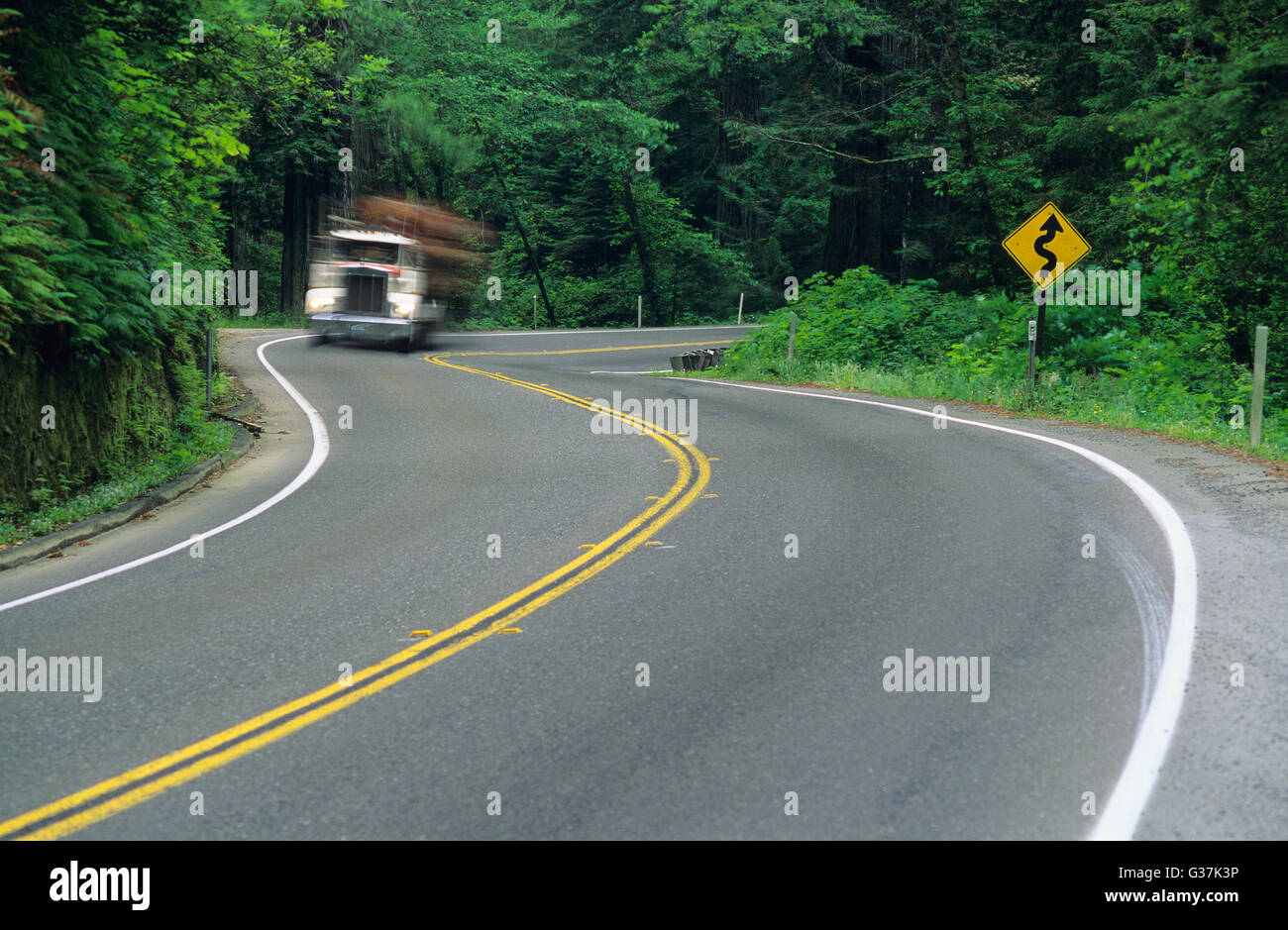 Bewegungsunschärfe eine Protokollierung LKW-fahren auf einer gekrümmten Straße, Washington, Vereinigte Staaten von Amerika Stockfoto
