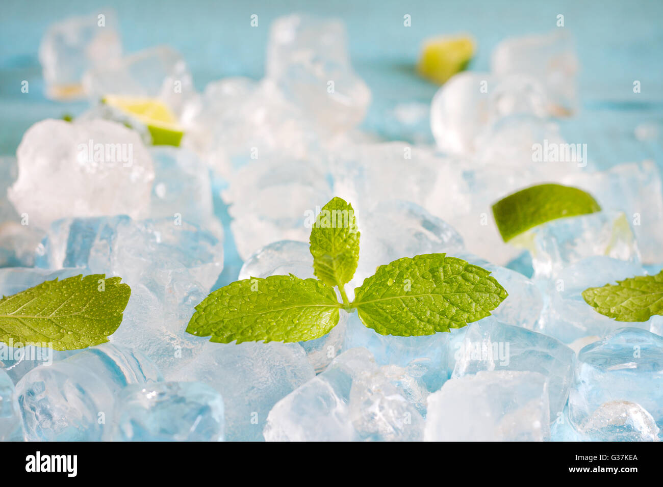 Eiswürfel und frischer Minze Blätter abstrakten Hintergrund auf blauen Tafeln Stockfoto