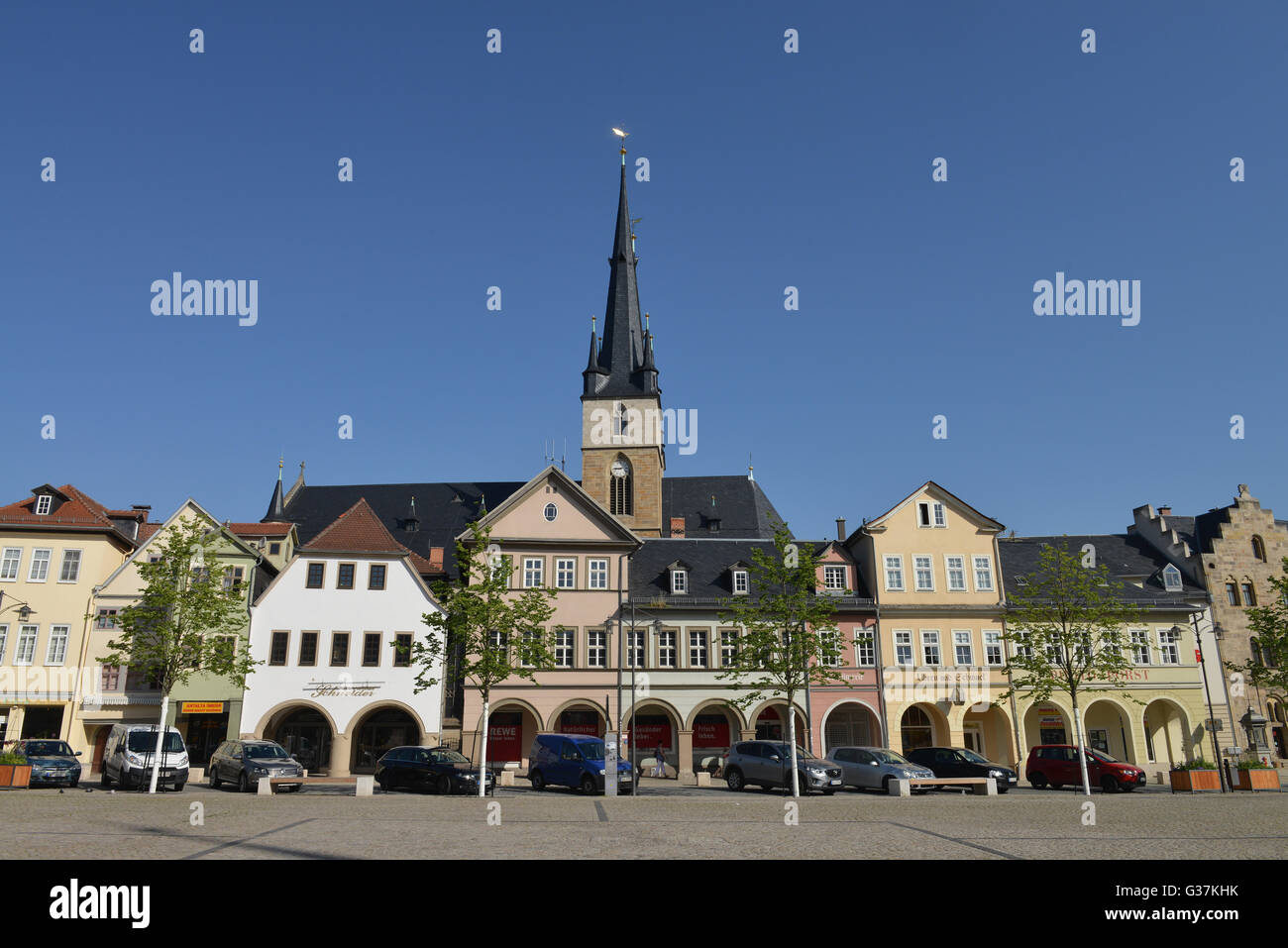 St. Johann Kirche, Saalstrasse, Saalfeld, Thüringen, Deutschland / Johanneskirche, Marktplatz Stockfoto