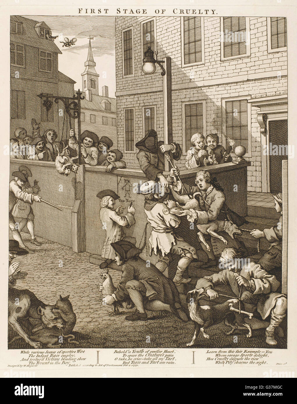 Hogarth, erste Phase der Grausamkeit--Tiere auf vielfältige Weise gefoltert.      Datum: 1750er Jahren Stockfoto