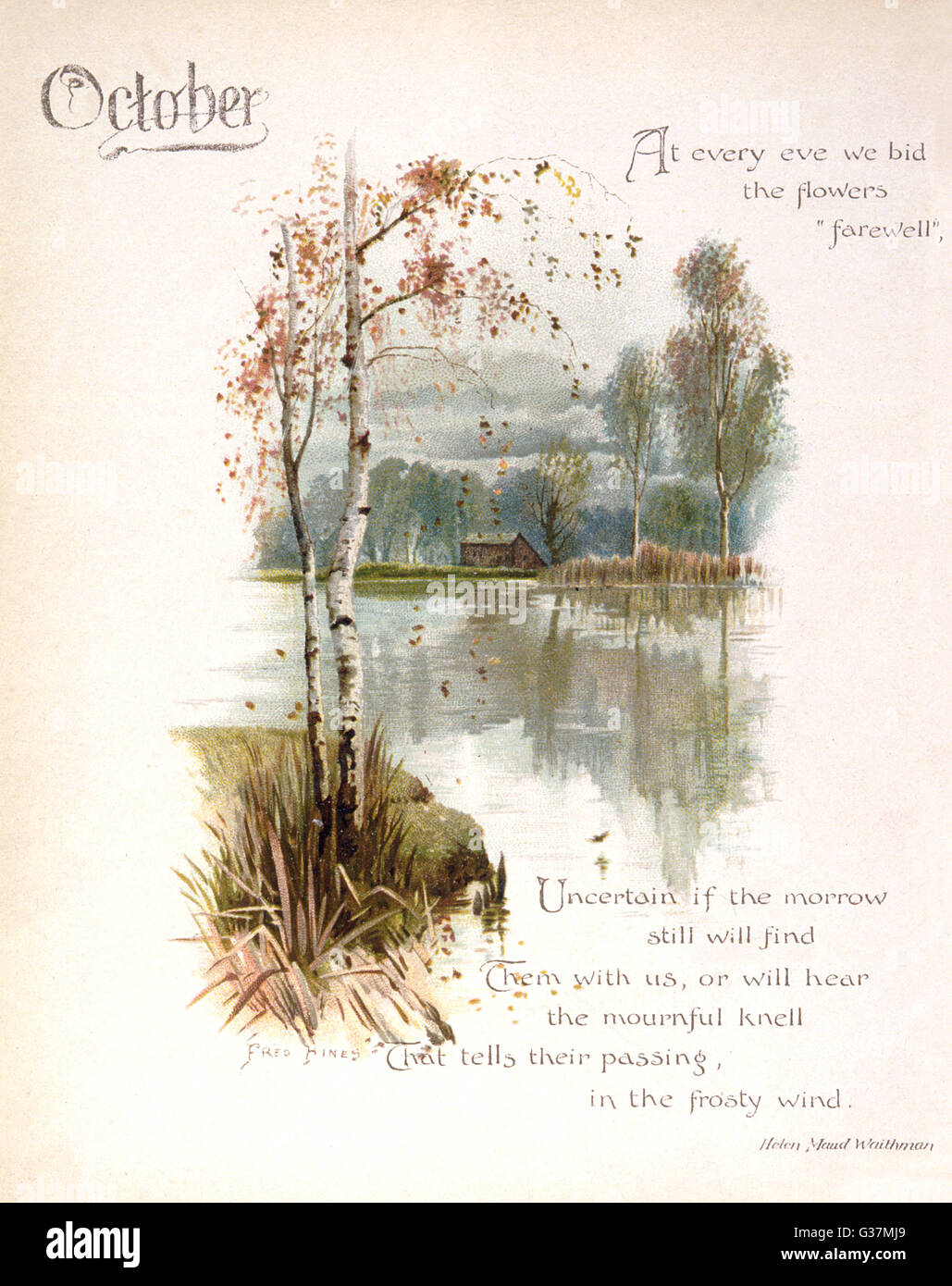 Buchen Sie Abbildung--Oktober, mit einem ruhigen Abschnitt des Wassers.      Datum: um 1880 Stockfoto