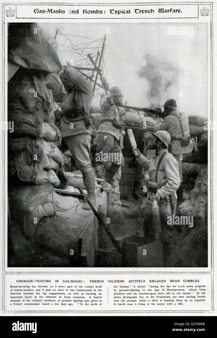 Französische Soldaten benutzen Gasmasken, WW1 Stockfoto