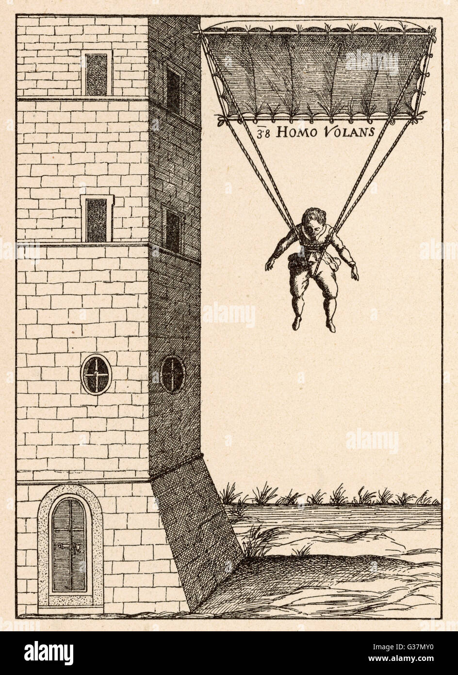 Mit dem Fallschirm in Venedig, Abstieg vom hohen Gebäuden ermöglichen; von Fausto Veranzio beschrieben, obwohl er nicht seinem Erfinder Datum gewesen sein könnte: 1617 Stockfoto