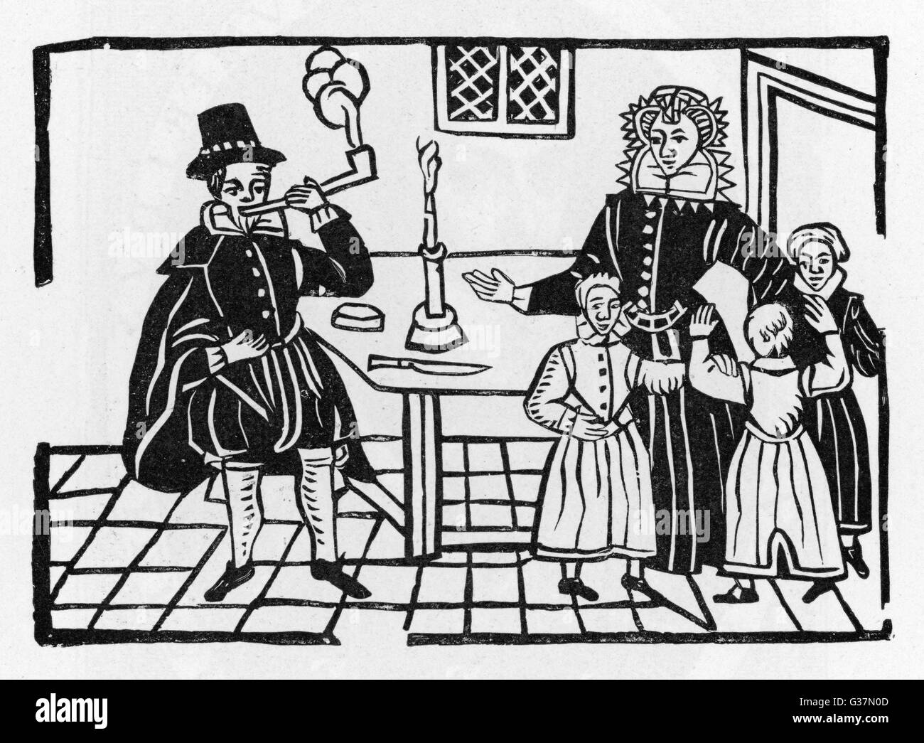 Familie alarmiert durch Anblick von Vater raucht eine Pfeife.         Datum: 17. Jahrhundert Stockfoto