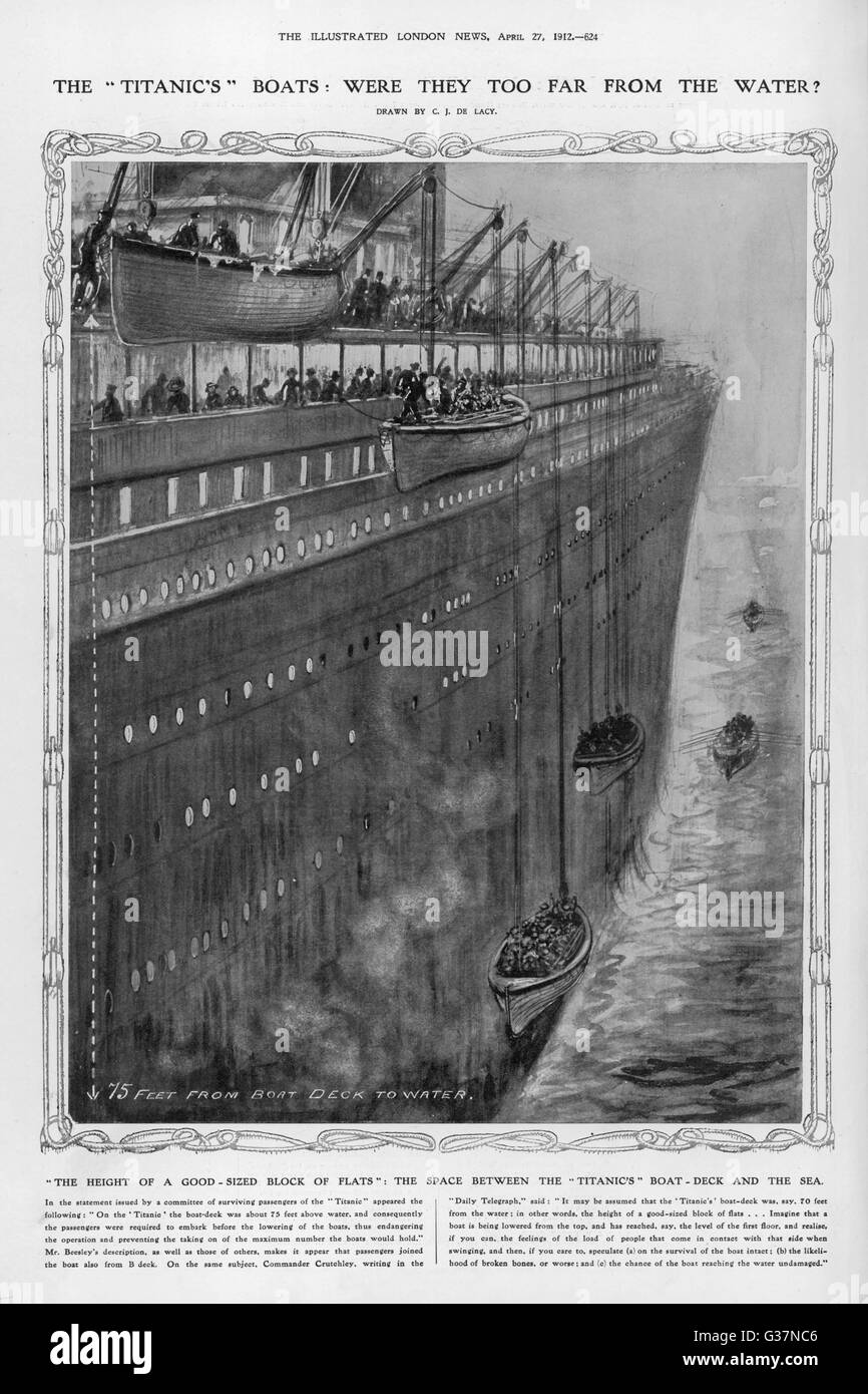 Darstellung der großen Höhe der Titanic und die lange Down-Ward Reise für Rettungsboote.       Datum: 1912 Stockfoto