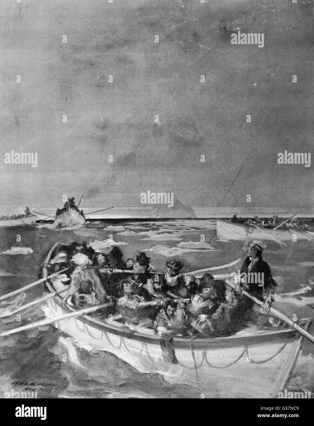 Eine Gruppe von Rettungsboote, die unmittelbar nach dem Untergang der Szenen zeigen.        Datum: 1912 Stockfoto