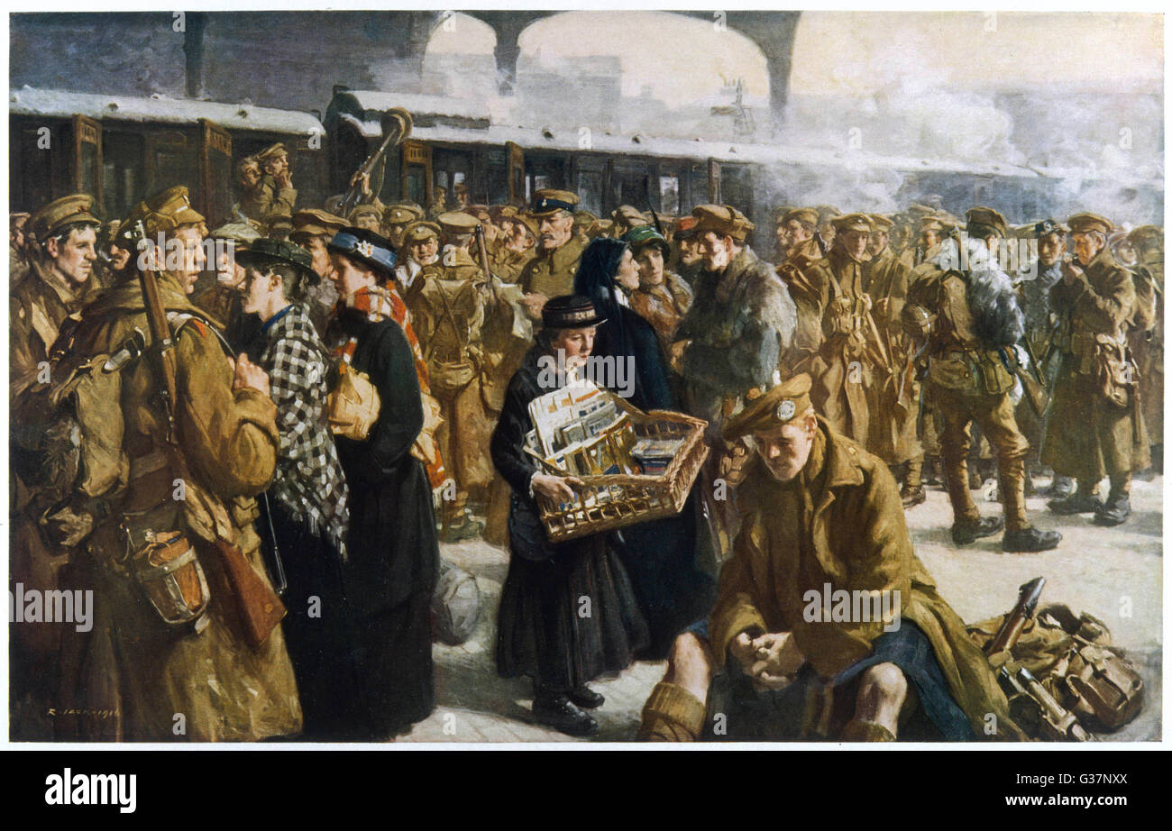 Britische Truppen nach Frankreich zurückkehrte nach verlassen; Einsteigen in die Truppe Zug an der Victoria Station, London Datum: 1916 Stockfoto