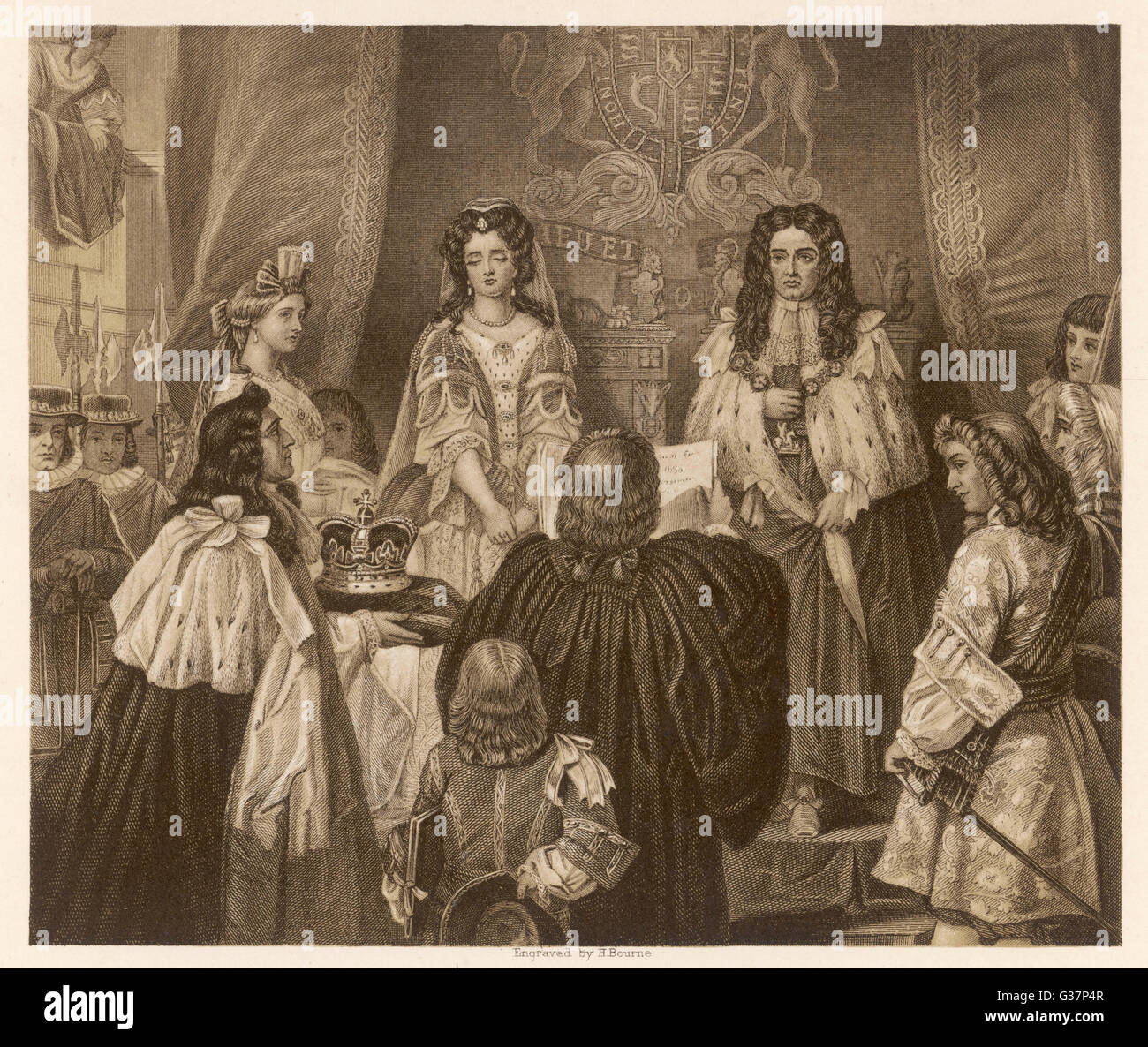 William &amp; Mary angeboten der englischen Krone in Whitehall. Sie akzeptieren es.     Datum: 1689 Stockfoto
