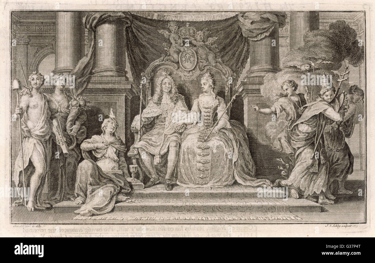 Allegorische Darstellung des Beitritts von William &amp; Mary - Magna Carta und Freiheit sind dafür, nicht so der Papst.     Datum: Februar 1689 Stockfoto