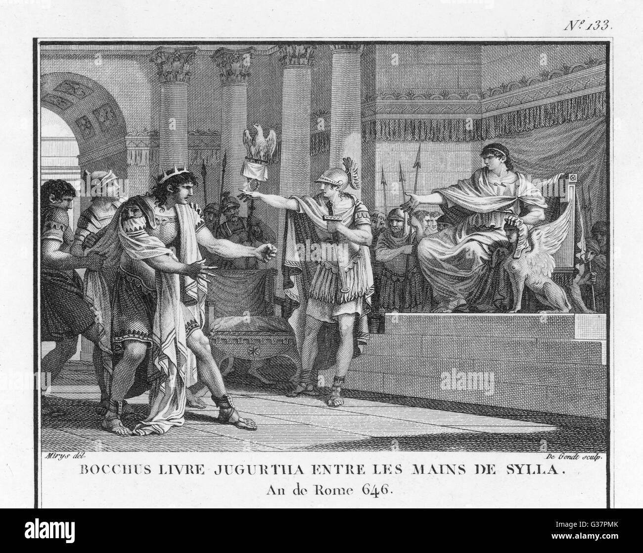 JUGURTHA, König von Numidien und Feind von Rom, wird an der Quästor Sulla, die ihn einsperrt, wo er an Hunger Datum stirbt, übergeben: 105 v. Chr. Stockfoto