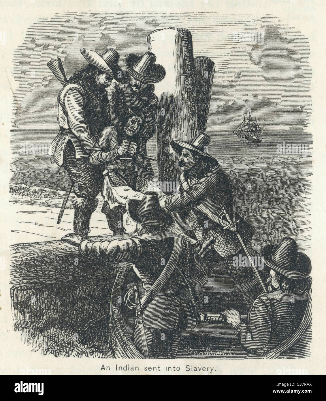 Verkauf von NATIVE INDIAN ist eine native American Indian als Sklave verkauft.       Datum: 1680 Stockfoto