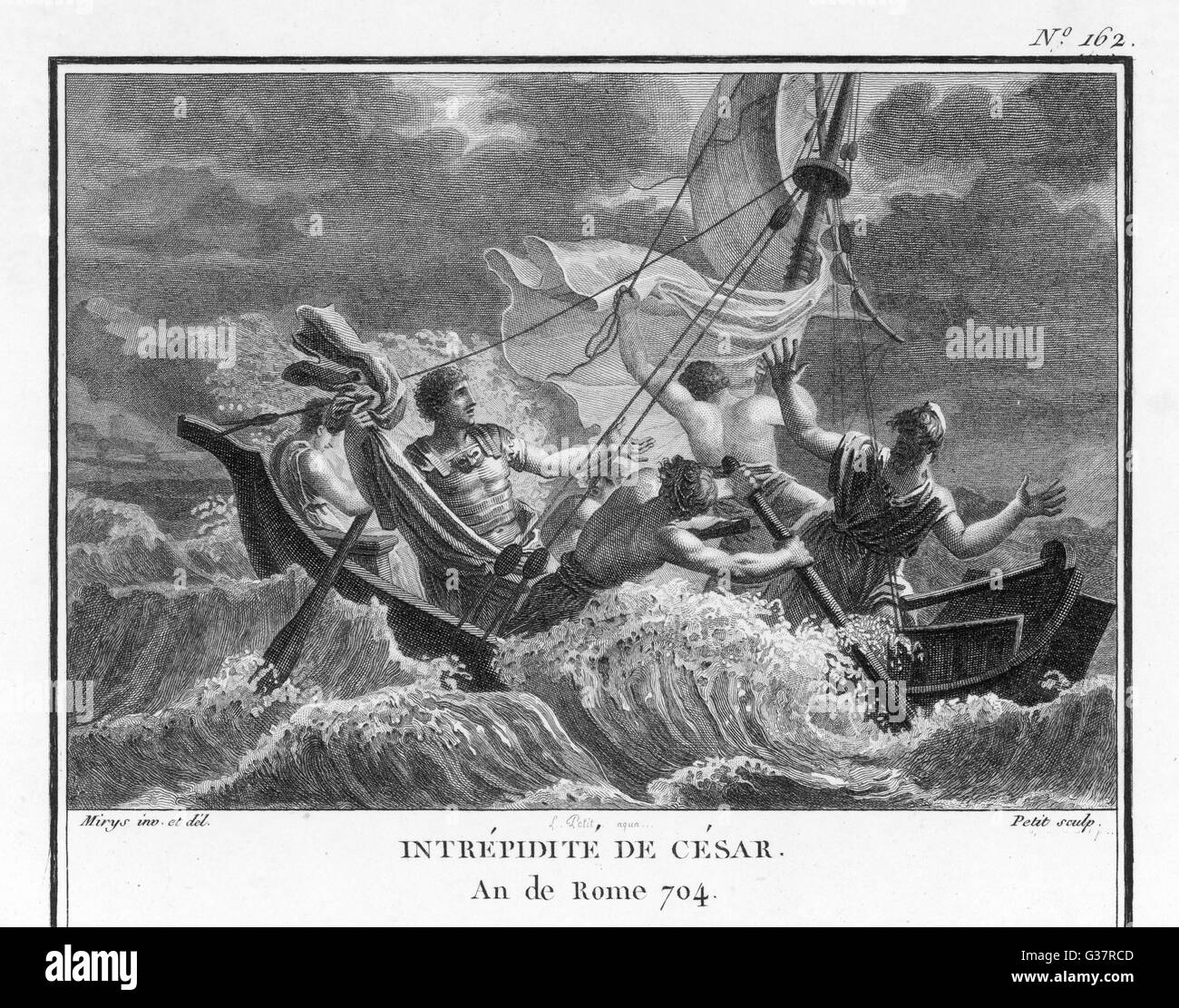 Julius Caesar, Segeln von Marseille nach Epirus im Norden Griechenlands, verhält sich mit großem Mut bei einem Sturm auf hoher See Datum: 48 v. Chr. Stockfoto