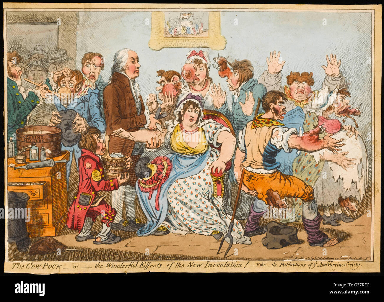 "Die Kuh POCK" oder die wunderbaren Wirkungen der neuen Impfung - Satire auf Jenners Behandlung Datum: ca. 1802 Stockfoto