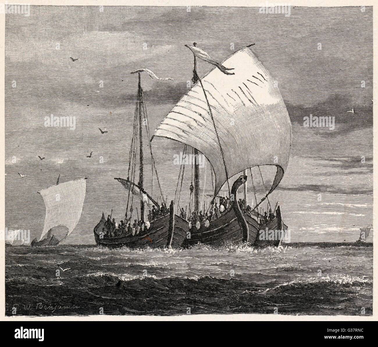 Wikinger, die Überquerung der Nordsee, England, mit drei Schiffen anzugreifen peitschte gemeinsam für Schutz Datum: ca. 800 Stockfoto