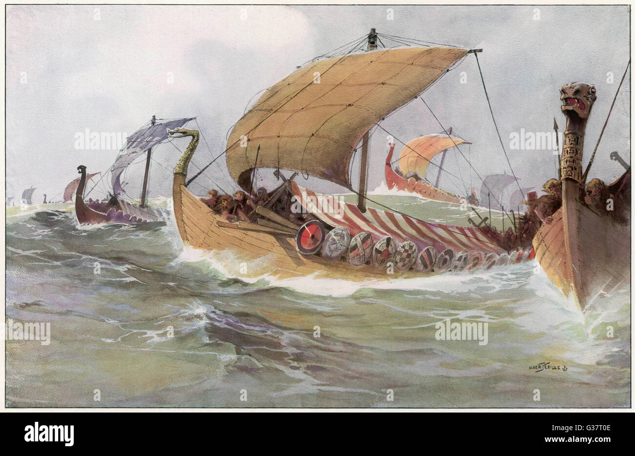 Ein Wikinger überfallen Flotte Rennen auf der Nordsee-Datum: 9.-10. Jahrhundert Stockfoto