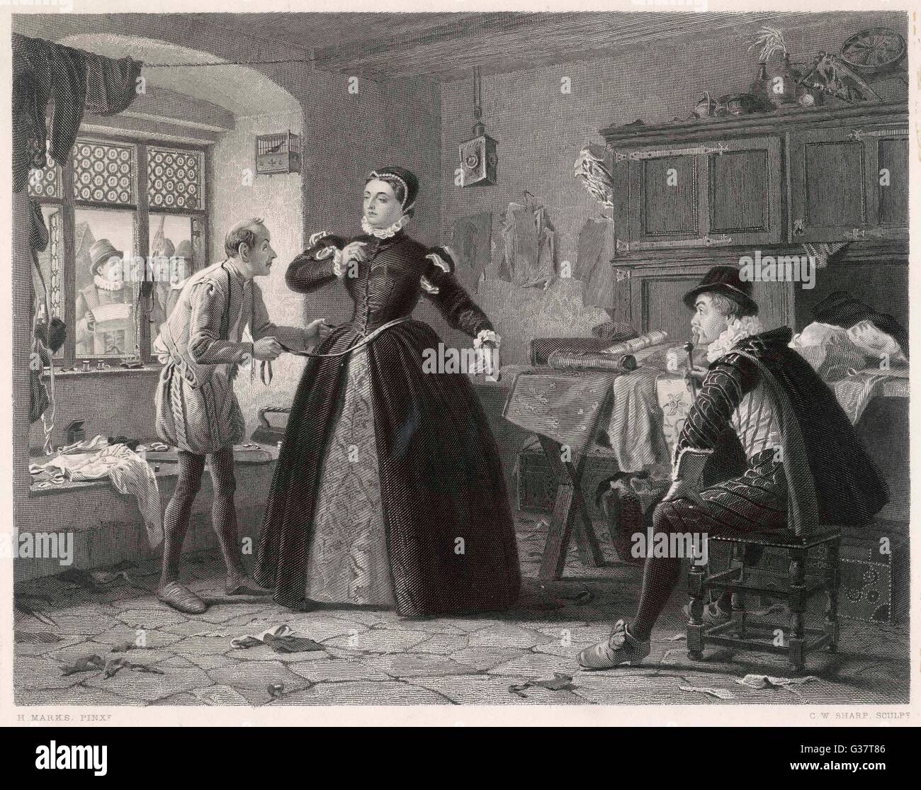 Messungen eine Dame in der Tudor-Zeit.         Datum: 16. Jahrhundert. Stockfoto