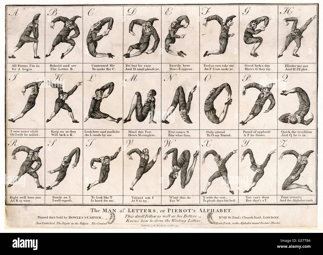 "Der Mann der Buchstaben oder PIERROTS ALPHABET" Anmerkung, die ich mit J und U V Datum verdoppelt: 1794 Stockfoto