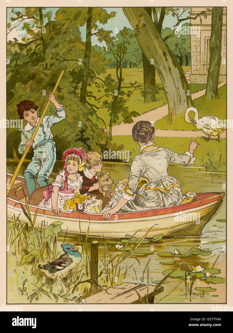 Mutter und Kinder auf dem Boot Stockfoto