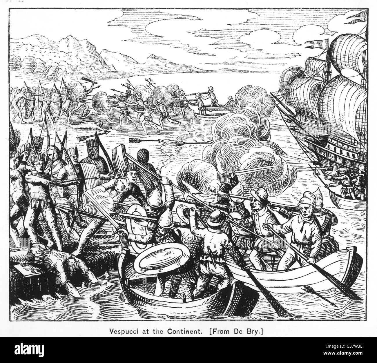 Amerigo Vespucci Begegnungen feindliche Eingeborenen Datum: ca. 1501 Stockfoto