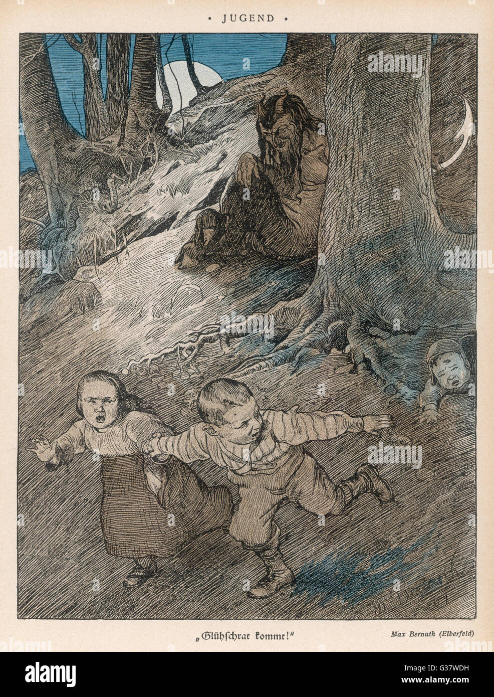 Drei deutsche Kinder einen Dämon im Wald begegnen, und weglaufen in Terror Datum: 1903 Stockfoto