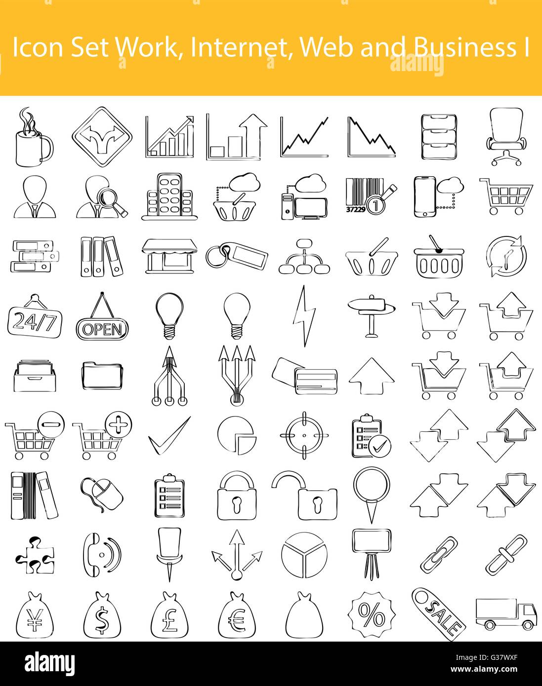 Gezeichnete Doodle ausgekleidet Icon Set Betrieb, Internet, Web- und Business gestalte ich mit 72 Icons für den kreativen Einsatz in Grafik Stock Vektor