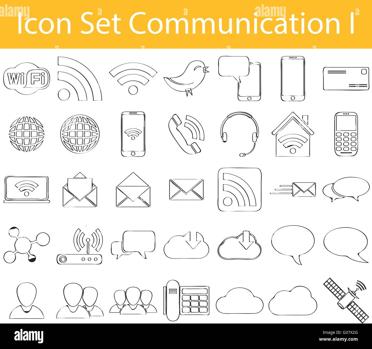 Gezeichnete Doodle ausgekleidet Icon Set Communication design ich mit 35 Icons für den kreativen Einsatz in Grafik Stock Vektor