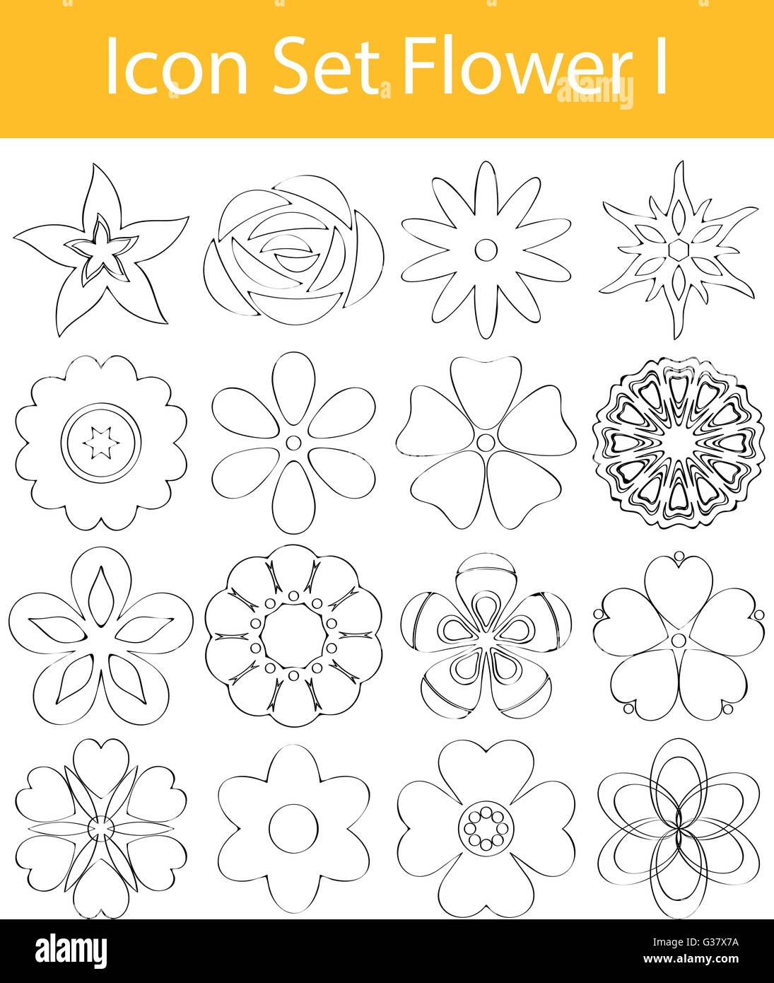 Gezeichnete Doodle ausgekleidet Icon Set Blumen design ich mit 16 Icons für den kreativen Einsatz in Grafik Stock Vektor