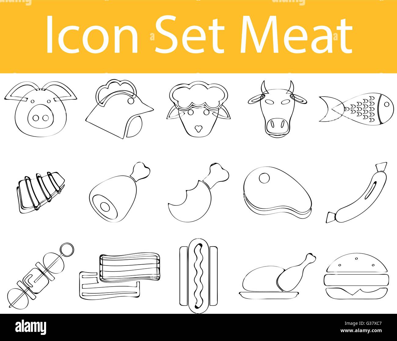 Gezeichnet von Doodle ausgekleidet Icon Set Fleisch mit 15 Symbolen für den kreativen Einsatz in Grafik-design Stock Vektor