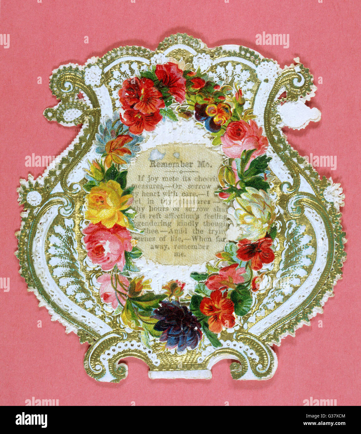 "Remember me" - ein eher wortreichen Text in Lyra-Form Blumenrahmen Datum: um 1870 Stockfoto