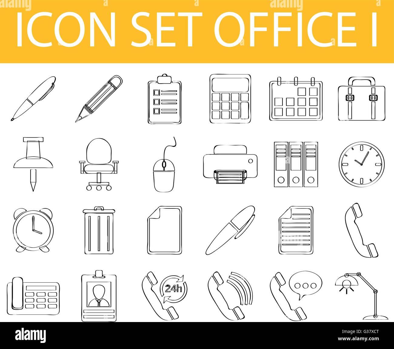 Gezeichnete Doodle ausgekleidet Symbolsatz Büro ich mit 24 Symbole für den kreativen Einsatz in Grafik-Design Stock Vektor