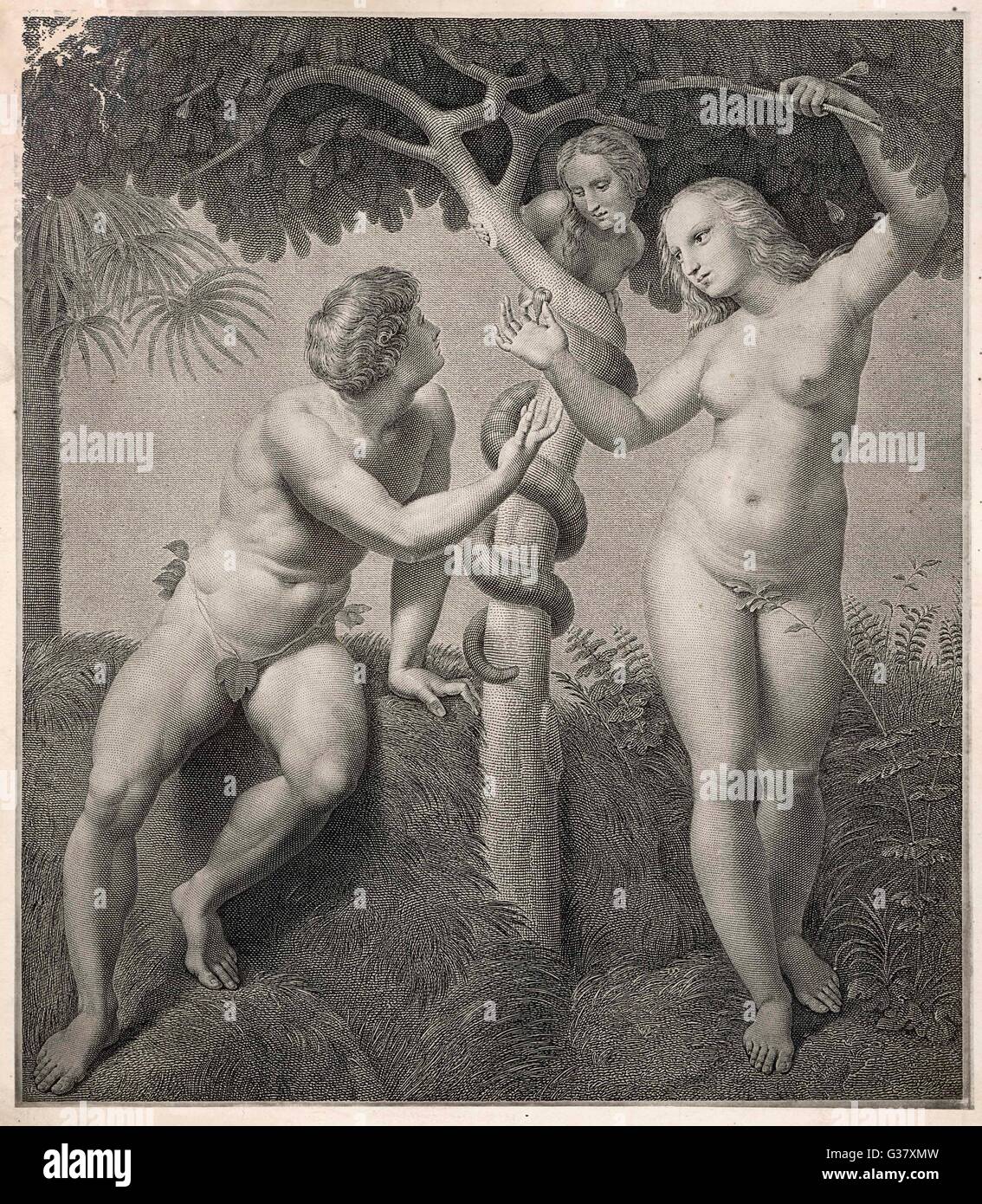 Adam, Eva, Schlange und Feigenbaum im Garten Eden Stockfoto