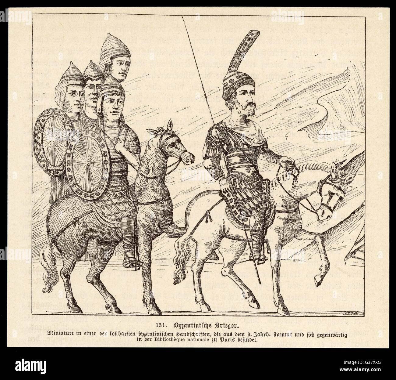 Zeitgenössische Illustration des byzantinischen Soldaten zu Pferde.     Datum: 9. Jahrhundert Stockfoto