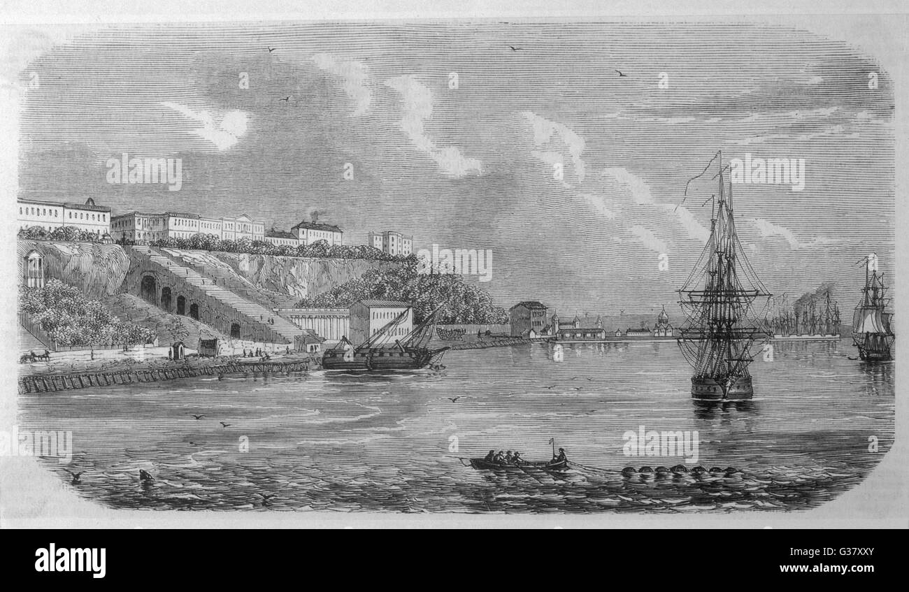 Blick auf die kommerzielle Kai bei Odessa, Ukraine, mit den berühmten Schritten prominent auf der linken Seite.     Datum: 1854 Stockfoto