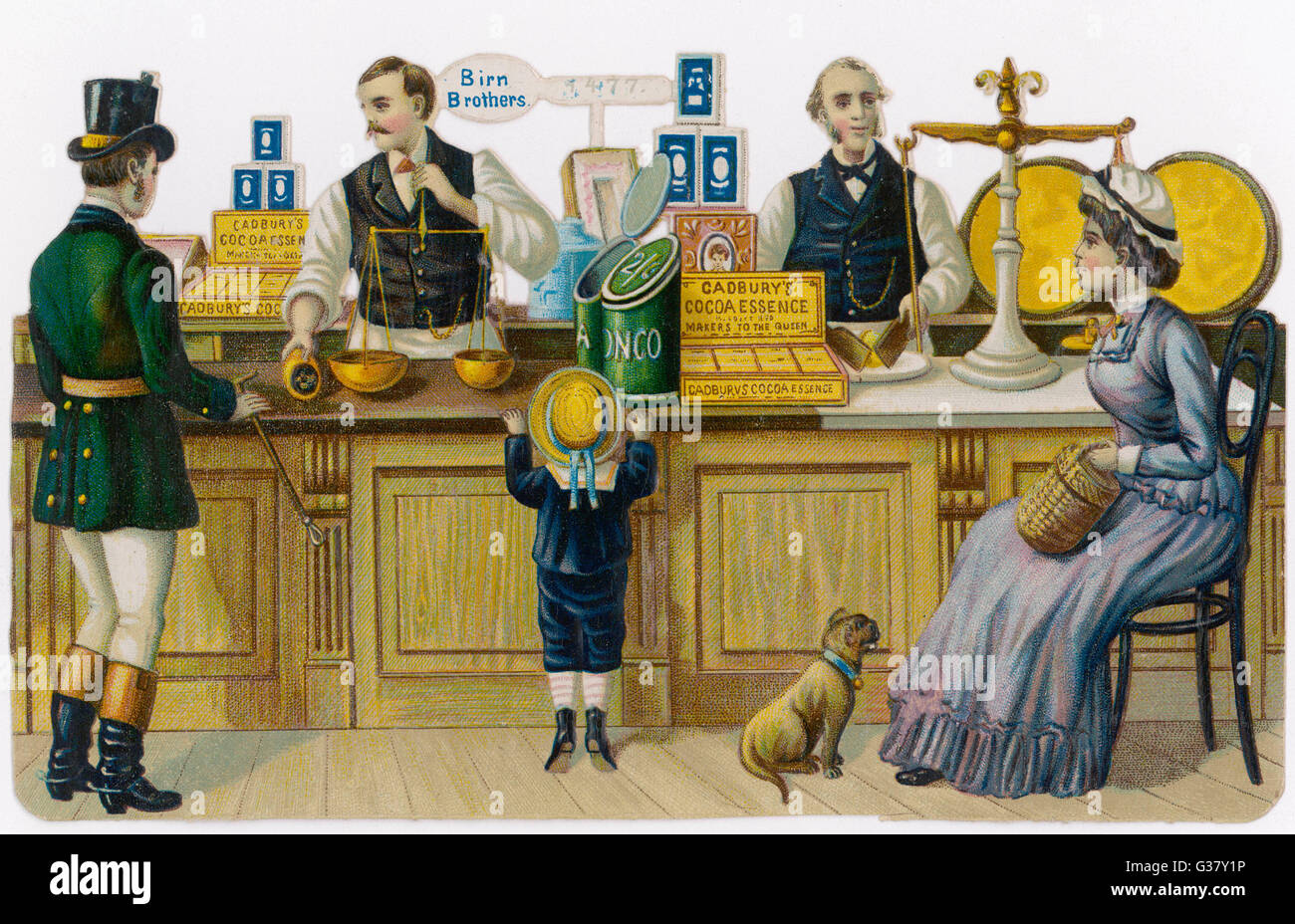 Ein Lebensmittelhändler Shop-eine Kundin sitzt, einem Diener sammelt eine Bestellung, ein Junge und ein Hund warten, hoffentlich.     Datum: Ende des 19. Jahrhunderts Stockfoto