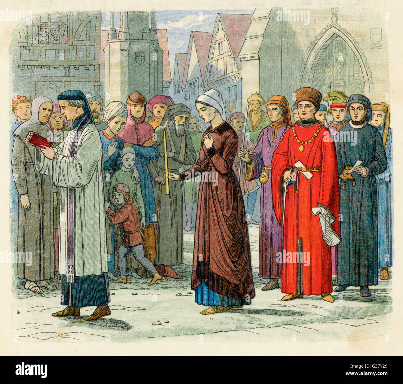 Eleanor Cobham(c.1400-1452), Duchess of Gloucester, beschuldigt üben Magie, um ihrem Ehemann Humphrey auf den Thron helfen tut öffentlichen Buße in den Straßen von London.     Datum: 13. November 1441 Stockfoto