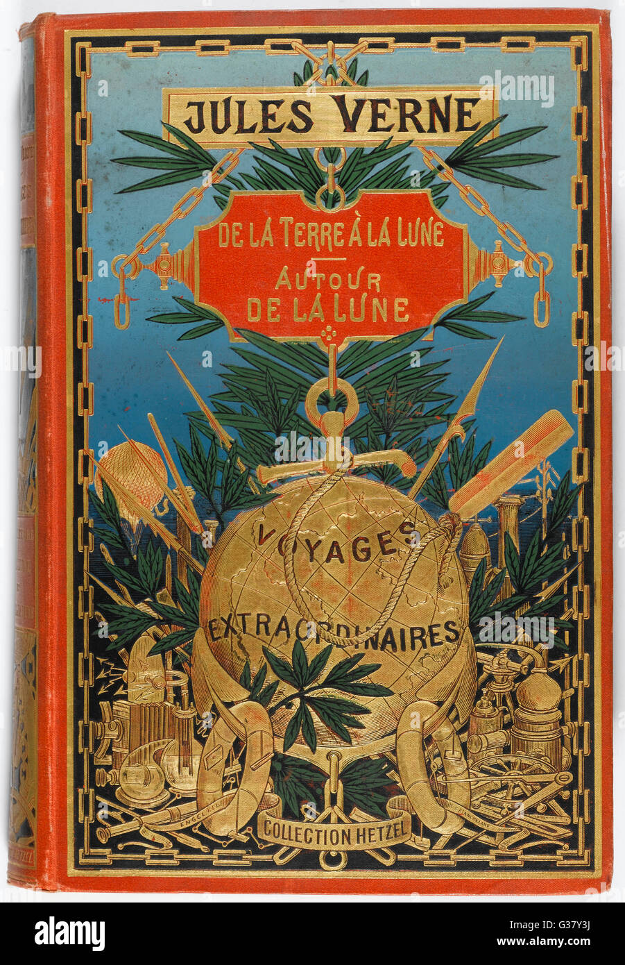 Die vordere Abdeckung des Buches "De la Terre ein la Lune" ("From Earth to the Moon") und "Autour De La Lune" ("Round the Moon").     Datum: 1865 Stockfoto
