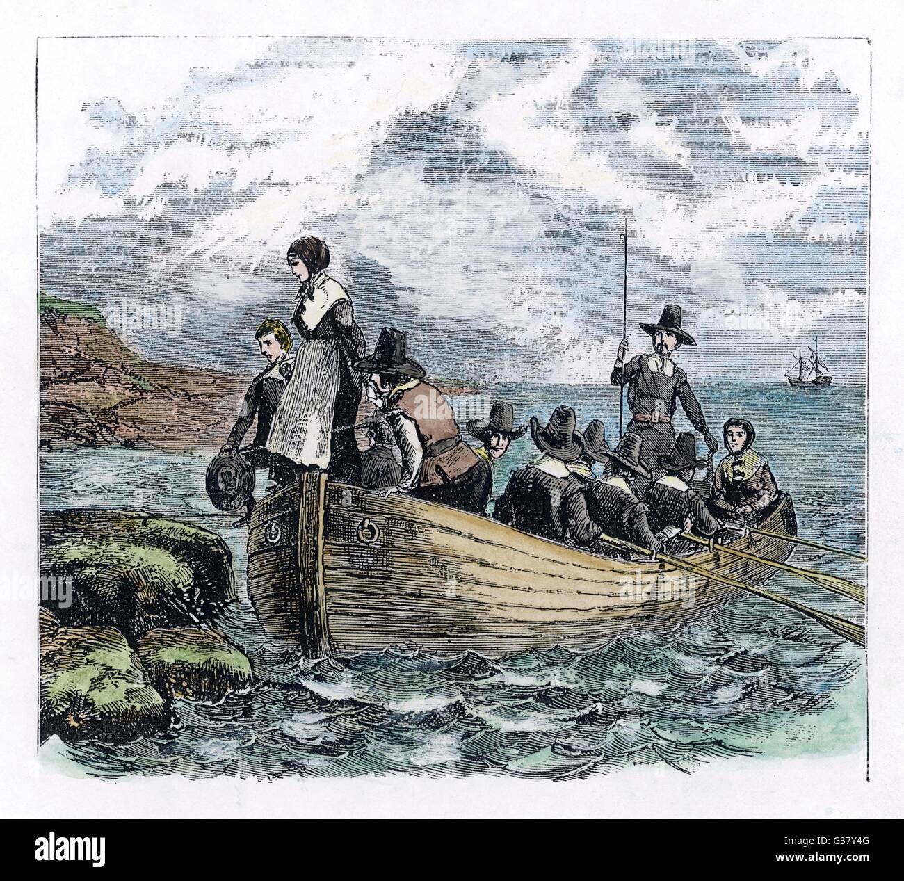 Die erste Boot-Ladung "Pilger" landet auf der Küste von Neu England: John Alden und Mary Chilton sind der erste, der einen Fuß auf amerikanischen Boden.     Datum: Dezember 1620 Stockfoto