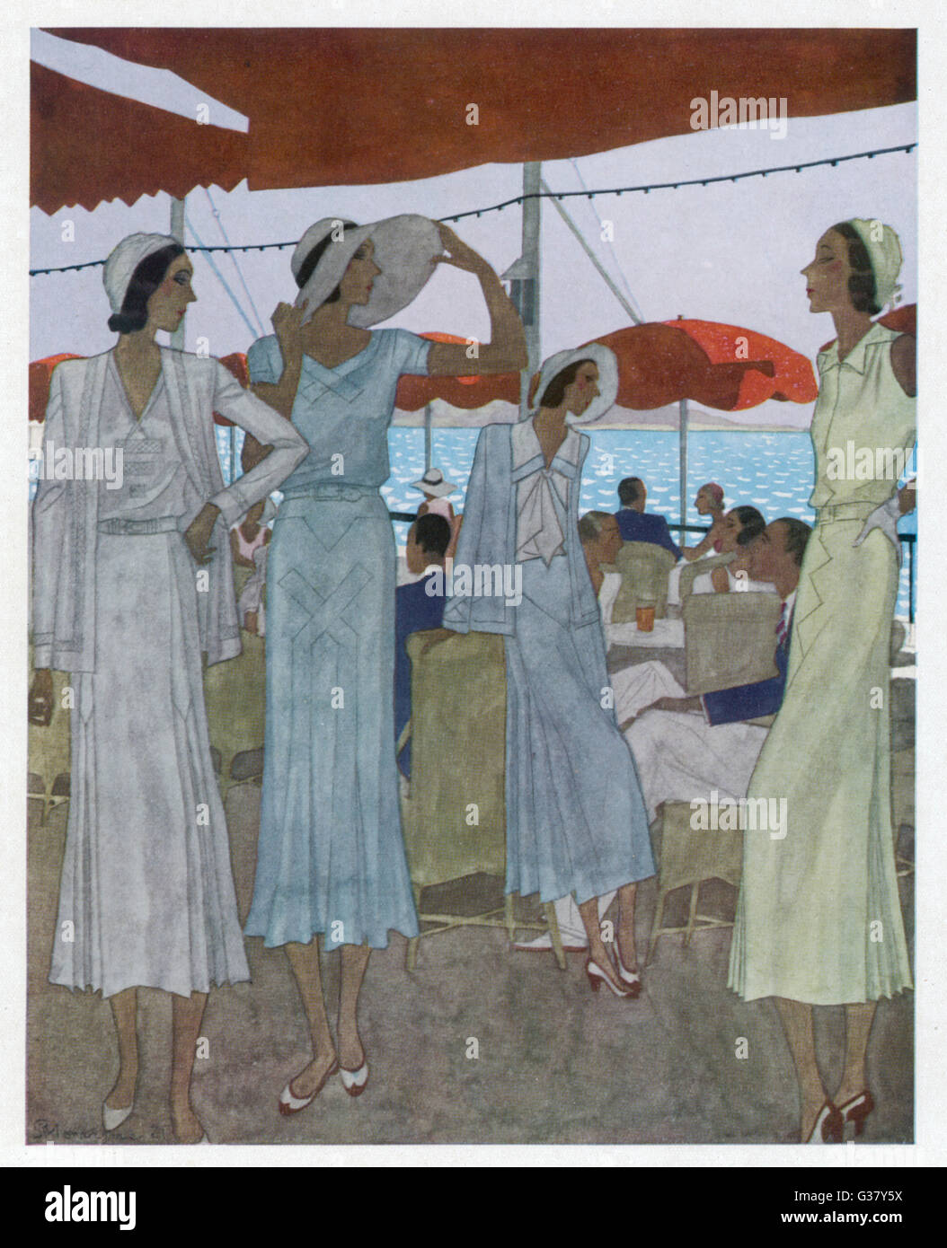 Mode: Frauen auf der Casino-Terrasse, Französische Riviera, 1930er. Stockfoto